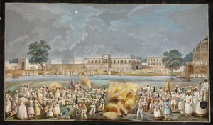 约 1790-1800 年，穆尔希达巴德河边纳瓦布宫殿的一部分，阿格纳宫殿外的皎洁月夜烟花表演（纸面水彩画） 作者 印度学校