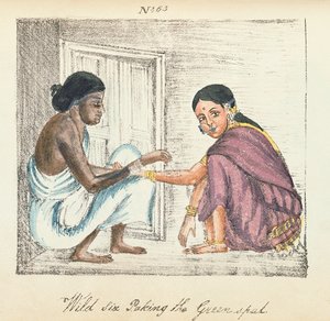 算命先生和女人，选自《印度不同种姓文摘》，文卡塔-拉马斯瓦尼著，1837 年在马德拉斯出版（彩色石版印刷）。 作者 印度学校
