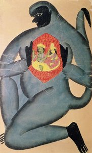 Hanuman揭示了拉玛和西塔在他心中所描绘的，由帕图瓦种姓的成员绘制，1880年 作者 印度学校