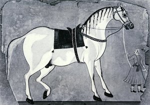 皇帝马厩的马和马夫，约1660年（平版印刷）。 作者 印度学校