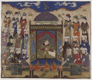 约瑟夫·帕尔维兹（Khusraw Parviz）坐于塔赫蒂塔克迪（Takht-i Taqdis），约1425-50 作者 印度学校