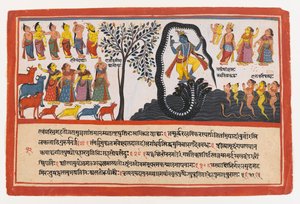 Krishna征服蛇Kaliya，页面来自分散的Bhagavata Purana系列，1775年（不透明的wc和黄金在纸上） 作者 印度学校