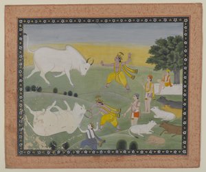 克里希纳（Krishna）击败公牛恶魔（水彩纸上） 作者 印度学校