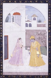 克里希纳（Krishna）站着莲花，他的情人穿着粉红色的纱丽，c。 1800 作者 印度学校