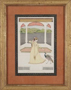 用一串珍珠引诱孔雀的女士，约 1800 年（纸面水粉和金彩） 作者 印度学校