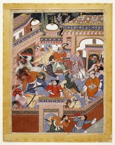 由Songhur Balkhi和Lulu the Spy带领，Ayyars Slit the Throats of Prison Guards和Free Said Farrukh-Nizhad，1557  -  1572（不透明的水彩和棉布上的金色） 作者 印度学校