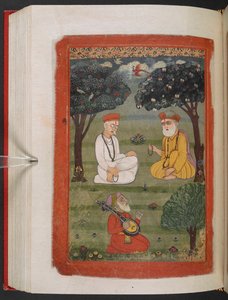 MS Panj B 40，f.131v，Bhagat Kabir ji 和 Guru Nanak Dev ji 会晤，插图选自 "Guru Nanak 传记"。 作者 印度学校