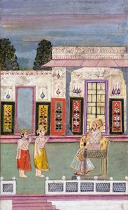 Maharaja Sawai Jai Singh受到两名加冕男子的欢迎，第1735号（不透明的wc和黄金在纸上） 作者 印度学校
