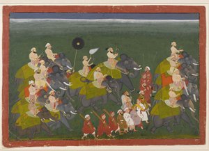 Mewar的Maharana Sangram Singh乘坐大象游行，乌代布尔，拉贾斯坦邦，17-30-40（不透明的wc＆黄金在纸上） 作者 印度学校