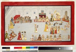 Maharana Sangram Singh与他的孩子和Courtiers，1715（不透明的wc＆黄金在纸上，安装在专辑页面） 作者 印度学校