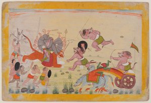 Mahasura攻击Devi，来自分散的Devi Mahatmya系列的作品集，c.1770-80（纸上wc） 作者 印度学校