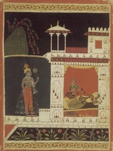 Paradhina Nayika，来自 "Puhakara的Rasavali"，背面刻有Devanagari，Malwa，Rajput学校 作者 印度学校
