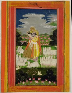 Radha和Krishna在奶牛的理想化景观中拥抱，1780年（纸上不透明的wc） 作者 印度学校
