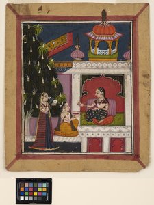 ? Raga: A kneeling man offers a book to a lady in a pavilion, c.1800 (opaque watercolor on paper) 作者 印度学校