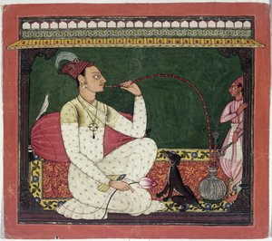Raja Medini Pal，背面刻有Takari人物bilauria medini pal，Basohli，Himachal Pradesh，Pahari School，1735 作者 印度学校