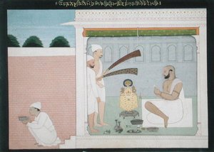 拉贾-布尔万特-辛格（Rajah Bulwant Singh）在进行普迦仪式，约1750年（纸上水墨）。 作者 印度学校