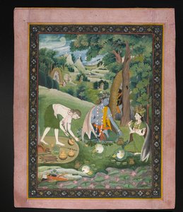 Rama，Lakshmana和Sita在荒野中烹饪和饮食，1820年（纸上有金色的水粉） 作者 印度学校