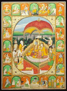 拉玛（Rama）和西塔（Sita）登基，希瓦（Shiva），哈努曼（Hanuman）等人朝拜，1800-20年 作者 印度学校