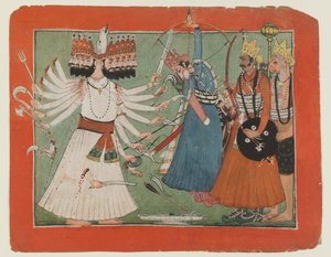 拉瓦纳挑战拉玛的军队，约 1750 年（纸面不透明水彩画） 作者 印度学校