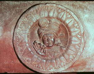 用来自Bharhut，Madhya Pradesh，晚Mauryan时期，Sunga王朝（公元前180-72）的佛教佛塔描绘莲花的浮雕 作者 Indian School