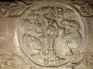 来自Bharhut，Madhya Pradesh，晚Mauryan时期，Sunga王朝（公元前180-72）的佛教佛塔的救济描绘玛雅的梦想