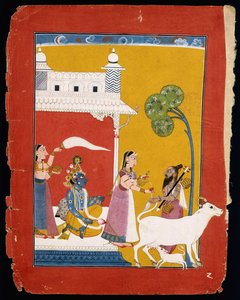鲁克米尼（Rukmini）的丈夫奎师那（Krishna）坐在她的房子里时向圣贤纳拉达（Narada）提供水，约1725年至1730年 作者 印度学校