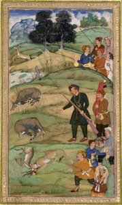 Salim拿着他的步枪，指着一个死的nilgai，c.1600（不透明的wc＆黄金在纸上） 作者 印度学校