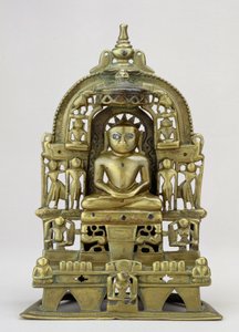 坐着的图像的耆那教Tirthankara Kuntanatha，Vasantagarh，南拉贾斯坦邦，1476年（黄铜与铜和银镶嵌）