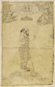 Shah Jahan站在地球仪上（金色和彩色在纸上） 作者 印度学校