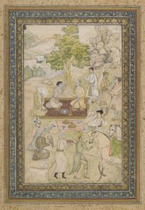 Sultan Murad和Sultan Daniyal在一个野餐，独立专辑对开，画作，1900年 作者 印度学校