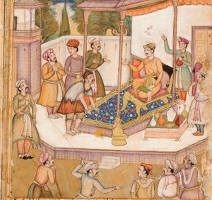 raja的客人每天要求他提供500第纳尔，1585年（纸上不透明的黄金和黄金） 作者 印度学校