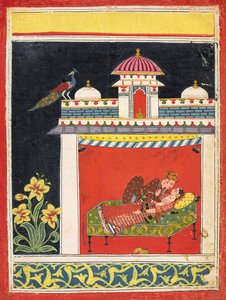 亭子里的一对恋人，选自 "Amarushataka"（《阿马鲁的一百首诗》），或不明情色系列，约 1680 年（纸面不透明水彩和金色）。 作者 印度学校