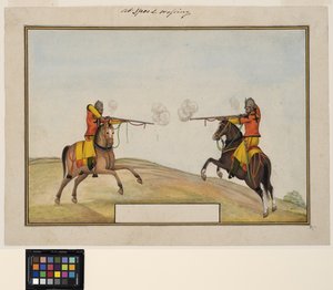 两名骑兵交换步枪火，约1830年（纸上不透明的水彩和金色） 作者 印度学校