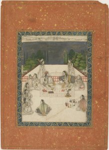 两个女人坐在露台上，被服务员和音乐家包围，c.1650（不透明的wc和黄金在纸上） 作者 印度学校