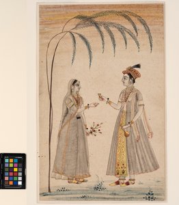 一棵树下的两个女人，约1750年（不透明的水彩和纸上的金色） 作者 印度学校