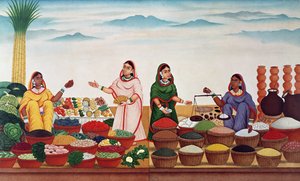 贝纳雷斯的蔬菜和香料市场，1840年 作者 印度学校
