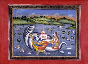 毗湿奴和拉克希米，插图选自卡卢拉玛所著的《薄伽梵书》（Bhagavatapurana.(有福之主的古兰经）"中的插图，作者：卡卢拉玛 作者 印度学校