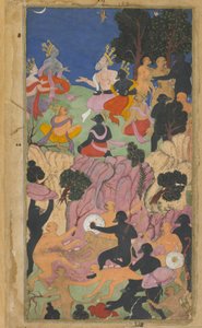Vol.2 fol.194 Rama与Vanara酋长在Mt. Suvela（不透明的水彩，墨水和纸上的金色） 作者 印度学校