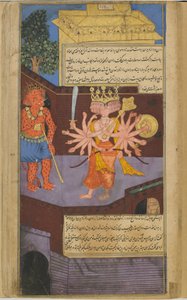 Vol.2 fol.305 Ravana在Valis宫遇到一个可怕的门卫（不透明的水彩，墨水和金色在纸上） 作者 印度学校