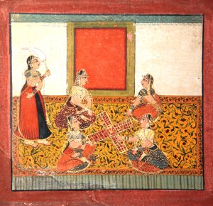 女人们玩Parcheesi，坐在黄色图案的地板上，1725年（不透明的wc和黄金在纸上） 作者 印度学校