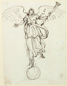 名声》，初步草图，约1631年（纸上笔墨）。 作者 伊尼戈·琼斯（Inigo Jones）
