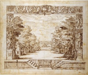 舞台和站立场景，约 1635 年（纸上笔墨） 作者 伊尼戈·琼斯（Inigo Jones）