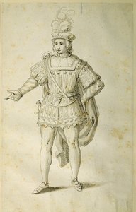 穿着英国古代服装的青年，约1611年（纸上笔墨）。 作者 伊尼戈·琼斯（Inigo Jones）
