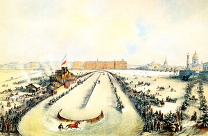 赛马在冻结的涅瓦河上在圣彼得堡，俄罗斯，1859年。 作者 约瑟夫·阿道夫维奇·查理曼大帝