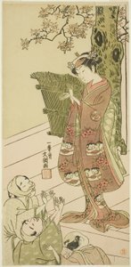 1768 年 11 月 1 日起在中村剧场演出的《源氏现世》（Ima o Sakari Suehiro Genji）一剧中的演员岚雏治一世（可能饰演佑也御前），1768 年 11 月 1 日起在中村剧场演出的《源氏现世》一剧中的演员岚雏治一世（可能饰演佑也御前）。 作者 一物斋文长