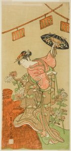 1770 年 11 月在中村剧场演出的《鵺之森一叶之马托》中饰演大津鬼宗的演员岩井半四郎。 作者 一物斋文长
