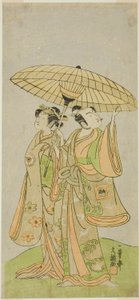 1771 年 11 月在中村剧场演出的《国之花小野之五云寺》中饰演春刚雪平（右）的演员市川小马藏二世（Ichikawa Komazo II）和饰演村佐（Murasame）的岩井半四郎四世（Iwai Hanshiro IV）（左）。 作者 一物斋文长