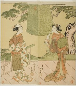 1769 年二月在市村剧场演出的戏剧《江户之花若柳曾我》中饰演 "秀明之行 "森久（右）的演员市村右左卫门九世和饰演 "中条 "的佐野川市松二世（左）。 作者 一物斋文长