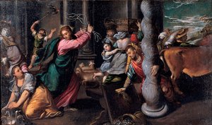 Le Christ chassant les marchands du temple - 基督将放债人赶出神庙 - Ippolito Scarsellino (Scarsella)（1551-1620 年）的画作，1580-1585 年布面油画（68x116 厘米） - 罗马卡皮托利尼博物馆 作者 伊波利托·斯卡塞拉