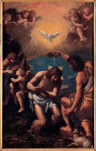 Le bapteme du Christ - Saint Jean Baptiste baptise Jesus Christ avec les eaux du Jourdain au dessus eux, la colombe du saint Esprit (saint-Esprit) - The Baptism of Christ - Painting by Ippolito Scarsellino (Scarsella) (1551-1620), Oil on wood 1585- 作者 伊波利托·斯卡塞拉